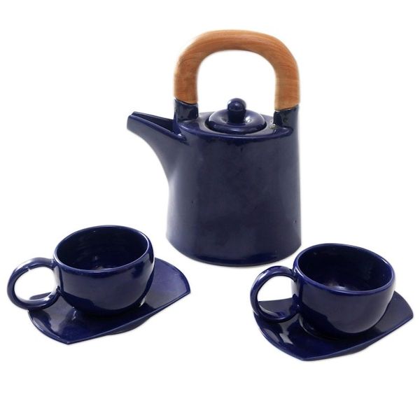 Alternate image for Blue Ceramic and Teak Wood Tea Set for Two 5 Pcs American Blue
