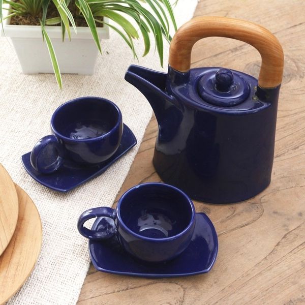 Alternate image for Blue Ceramic and Teak Wood Tea Set for Two 5 Pcs American Blue