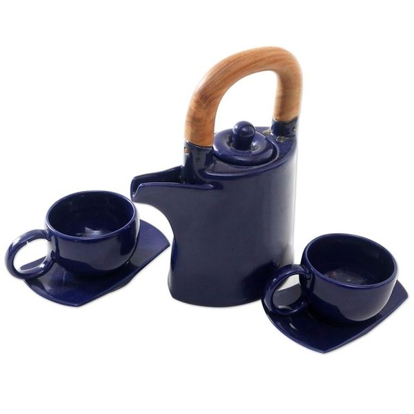 Alternate image for Blue Ceramic and Teak Wood Tea Set for Two 5 Pcs American Blue