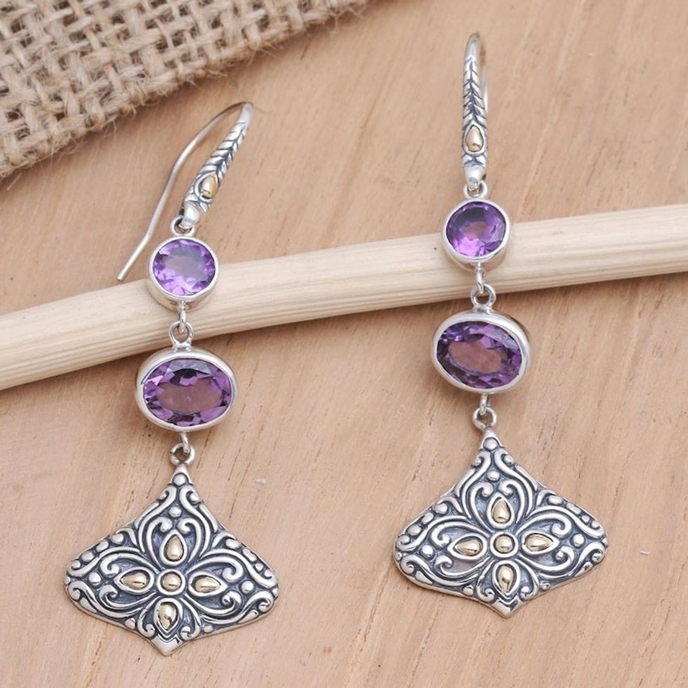 Gold-Accented Amethyst Dangle Earrings 'Lotus Kiss in Purple'