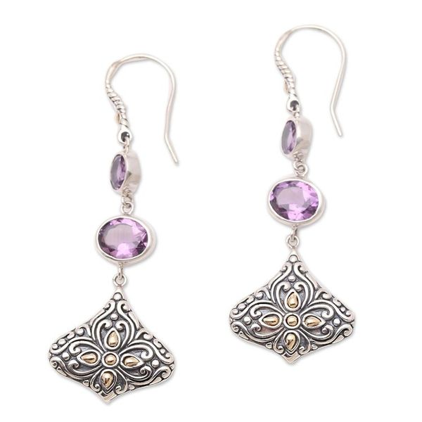Alternate image for Gold-Accented Amethyst Dangle Earrings Lotus Kiss in Purple