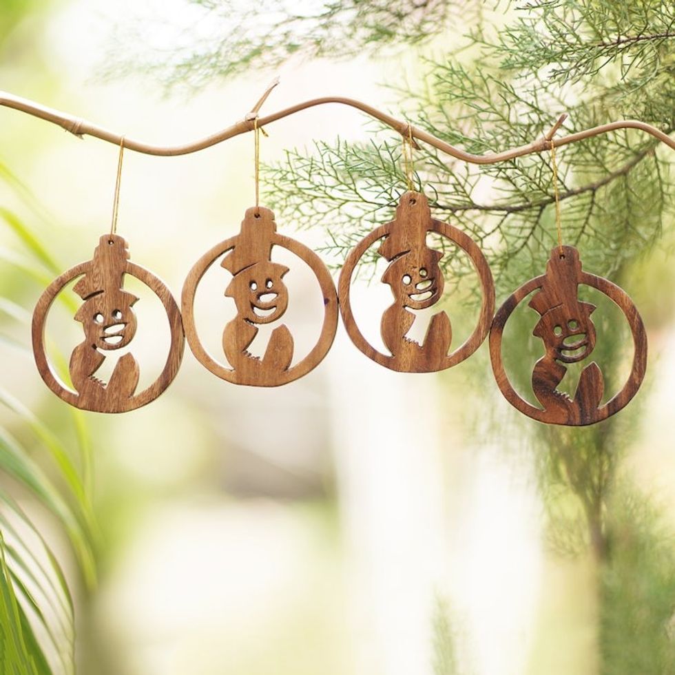 Carved Wood Christmas Ornaments Set of 4 'Wonderful Snowmen'