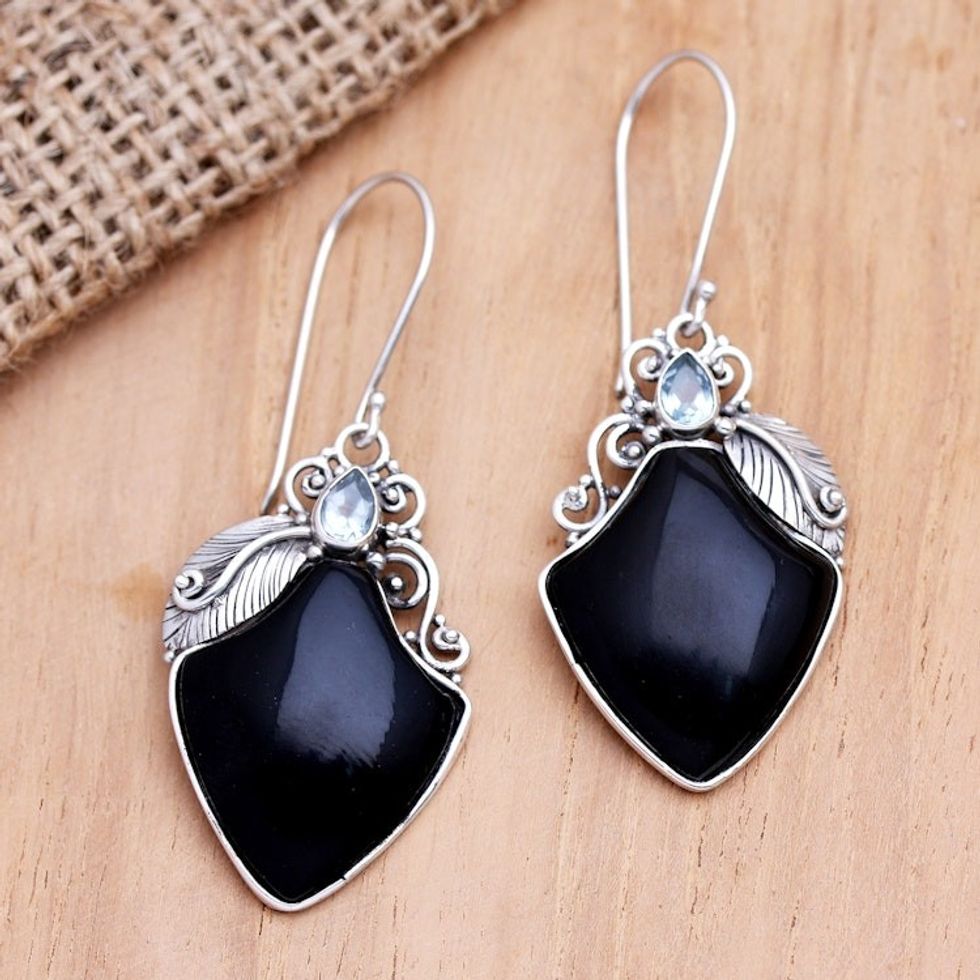 Balinese Onyx and Blue Topaz Dangle Earrings 'Midnight Ice'