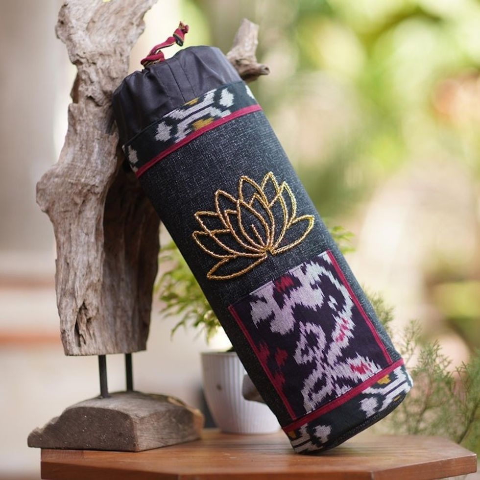 Ikat Cotton Yoga Mat Carrier with Glass Bead Accent 'Large Lotus Lagoon in Black'