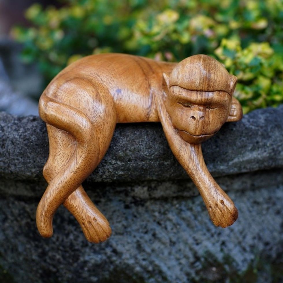 Hand Made Suar Wood Monkey Statuette 'Sleeping Monkey in Brown'