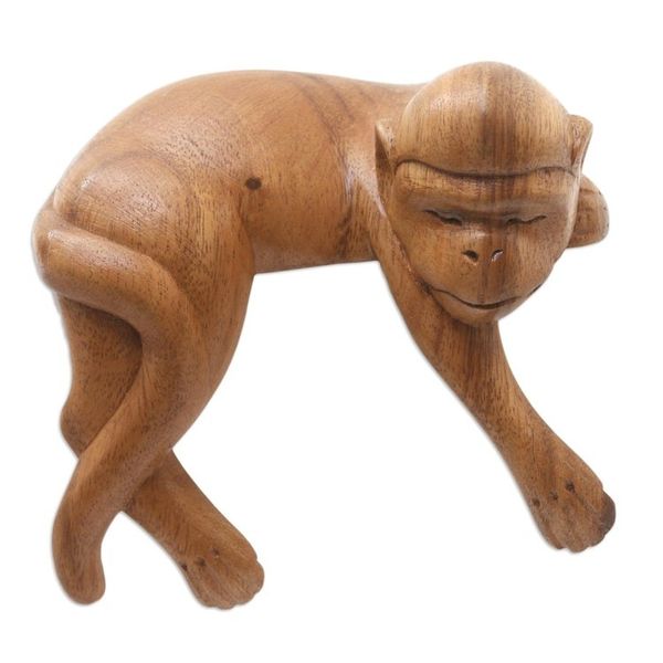 Alternate image for Hand Made Suar Wood Monkey Statuette Sleeping Monkey in Brown