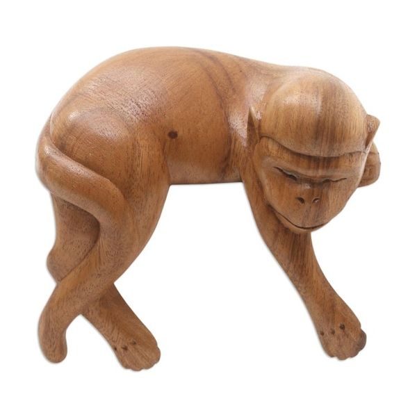 Alternate image for Hand Made Suar Wood Monkey Statuette Sleeping Monkey in Brown