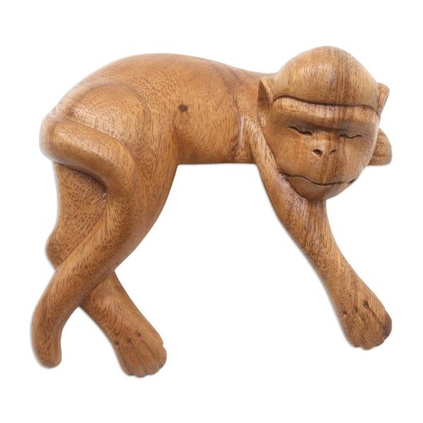 Alternate image for Hand Made Suar Wood Monkey Statuette Sleeping Monkey in Brown