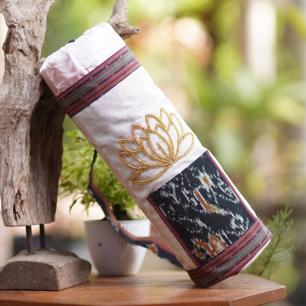 Ikat Cotton Yoga Mat Carrier from Java 'Large Lotus Lagoon in Ivory'