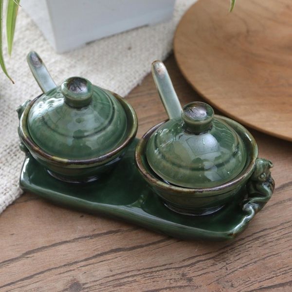 Alternate image for Handmade Ceramic Frog-Motif Condiment Set 5 Pcs Sacred Frog