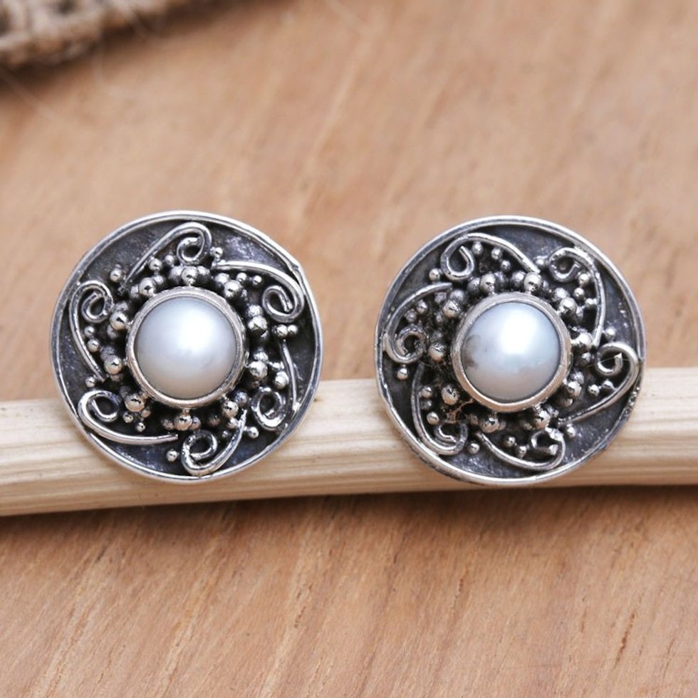 Cultured Pearl and Sterling Silver Button Earrings 'Love Goes On in White'