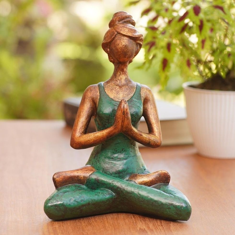 Artisan Crafted Cement Yoga Statuette 'Asana Pose in Green'