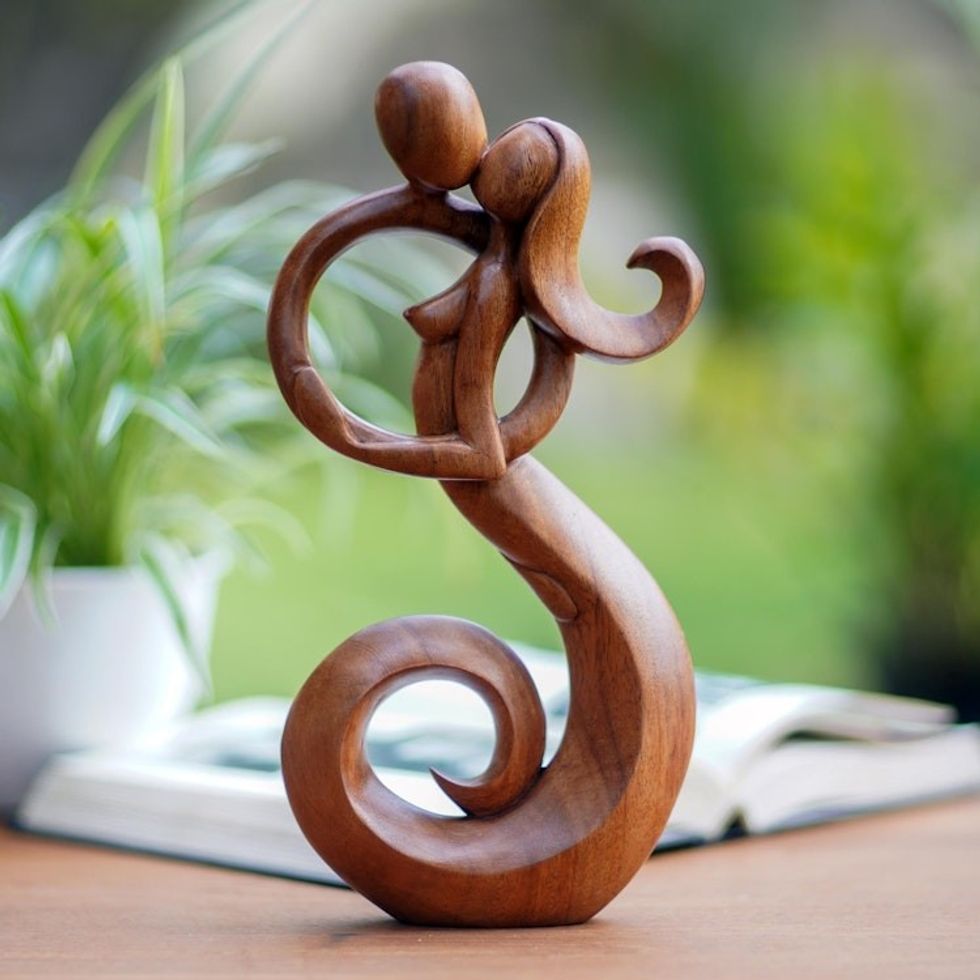 Romantic Suar Wood Statuette from Bali 'Steal a Kiss'