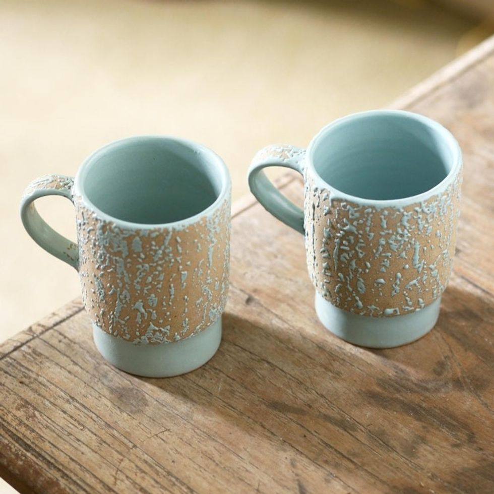 Ceramic Mugs with Rustic Finish Pair 'Sea Foam'