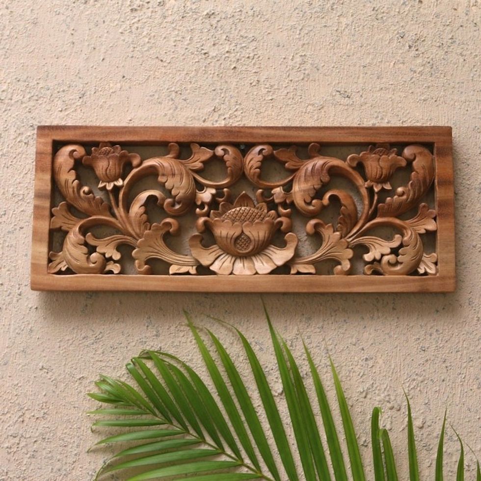 Handmade Suar Wood Lotus-Motif Relief Panel 'Lotus Lake'
