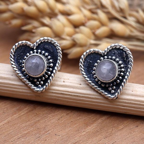 Alternate image for Rainbow Moonstone Stud Earrings with Heart Motif Loving Rainbow