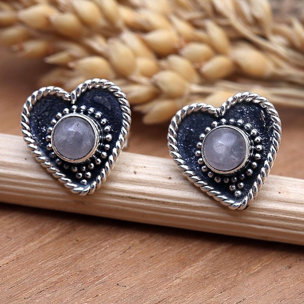 Rainbow Moonstone Stud Earrings with Heart Motif 'Loving Rainbow'