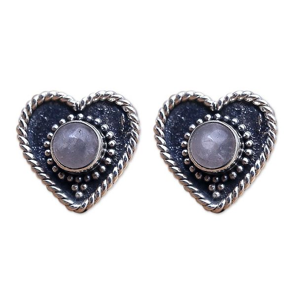 Alternate image for Rainbow Moonstone Stud Earrings with Heart Motif Loving Rainbow