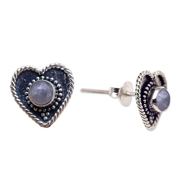 Alternate image for Rainbow Moonstone Stud Earrings with Heart Motif Loving Rainbow