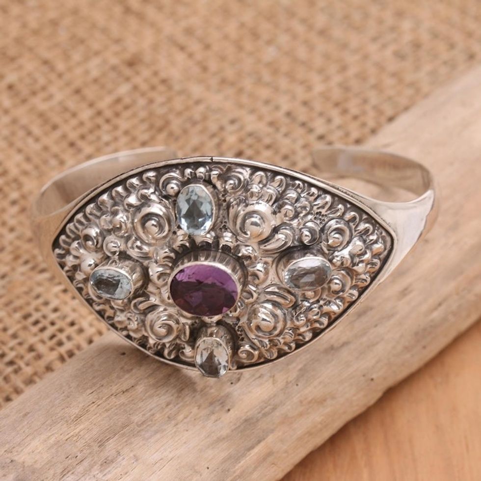 Handmade Blue Topaz and Amethyst Cuff Bracelet 'Elephant Cave in Blue'
