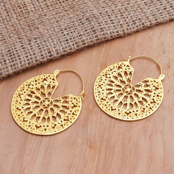 Alternate image for Handmade Gold-Plated Brass Hoop Earrings Divine in Orbit