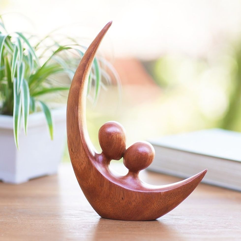 Romantic Handcrafted Suar Wood Statuette 'Crescent Pair'