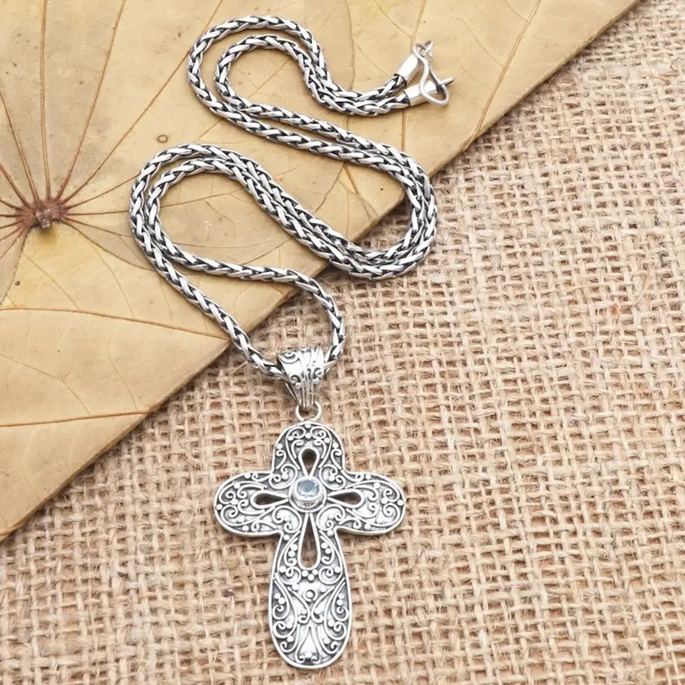 Blue Topaz Cross-Motif Pendant Necklace 'Magic Cross'
