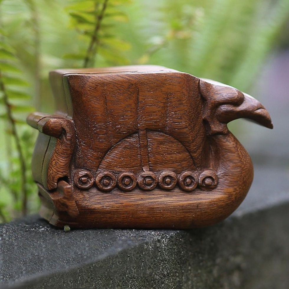 Hand Carved Suar Wood Puzzle Box 'Swan Ship'