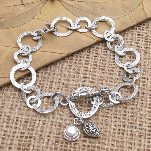 Alternate image for Cultured Freshwater Pearl and Sterling Silver Link Bracelet Ring a Bell