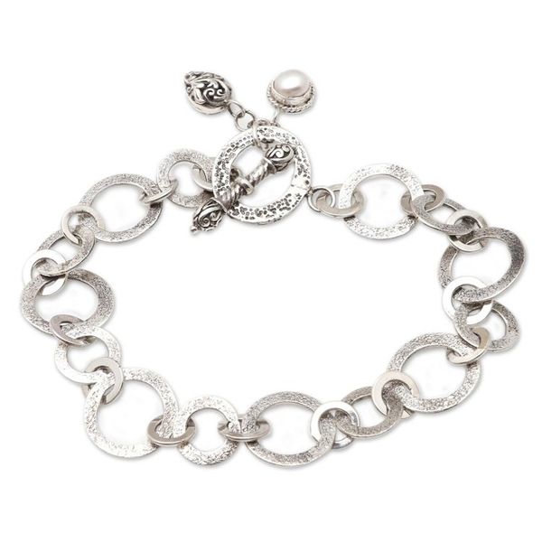Alternate image for Cultured Freshwater Pearl and Sterling Silver Link Bracelet Ring a Bell