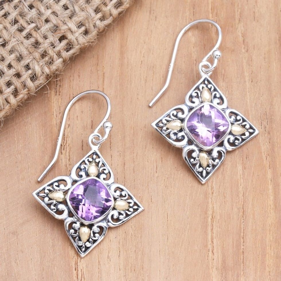 Amethyst and Sterling Silver Dangle Earrings with Gold 'Cardinal Points'