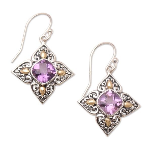 Alternate image for Amethyst and Sterling Silver Dangle Earrings with Gold Cardinal Points