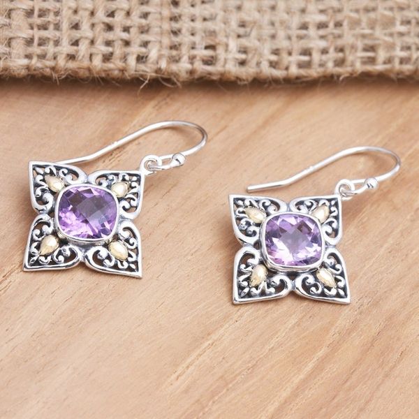 Alternate image for Amethyst and Sterling Silver Dangle Earrings with Gold Cardinal Points