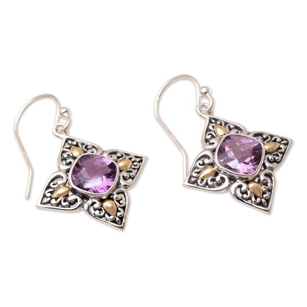 Alternate image for Amethyst and Sterling Silver Dangle Earrings with Gold Cardinal Points