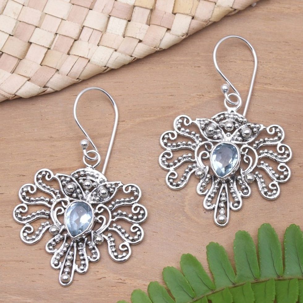 Artisan Crafted Blue Topaz Dangle Earrings 'Wise Old Friend'