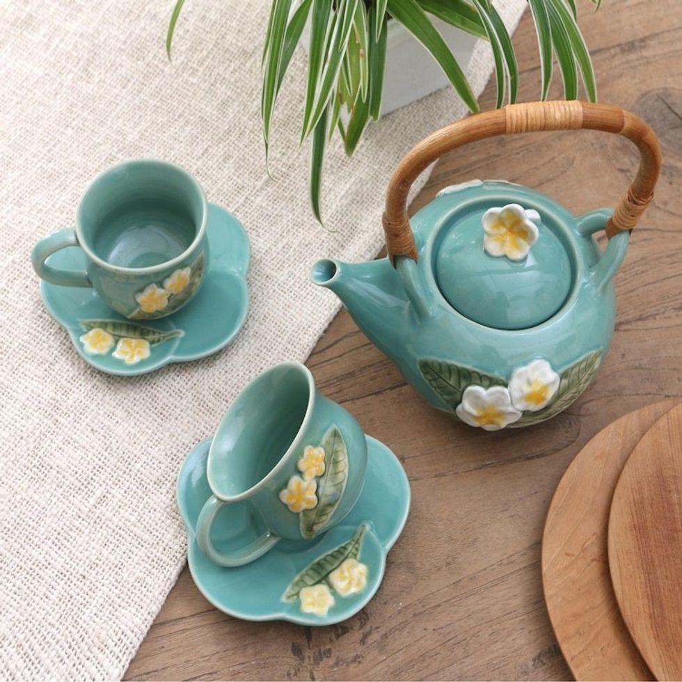 Ceramic Floral-Themed Tea Set for Two 5 Pcs 'Frangipani Tea'