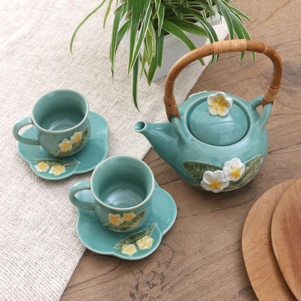 Alternate image for Ceramic Floral-Themed Tea Set for Two 5 Pcs Frangipani Tea