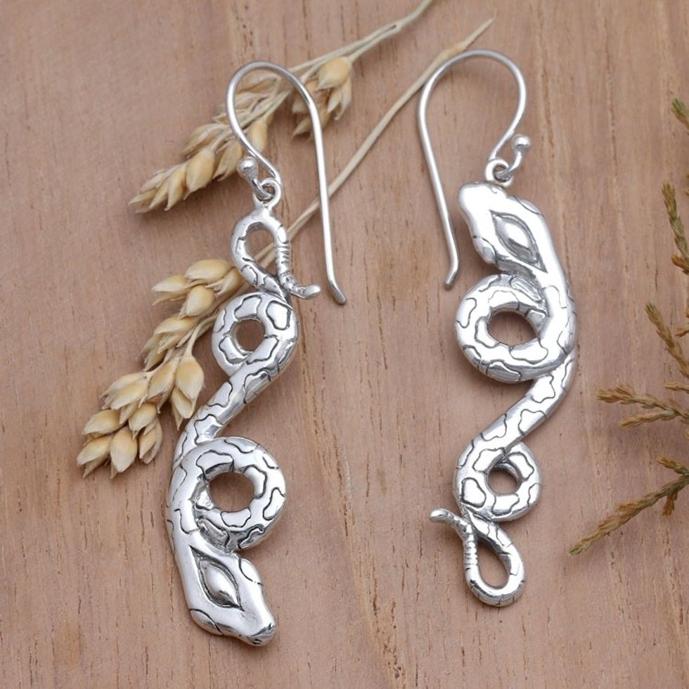 Sterling Silver Dangle Earrings with Snake Motif 'Boa's Breakfast'