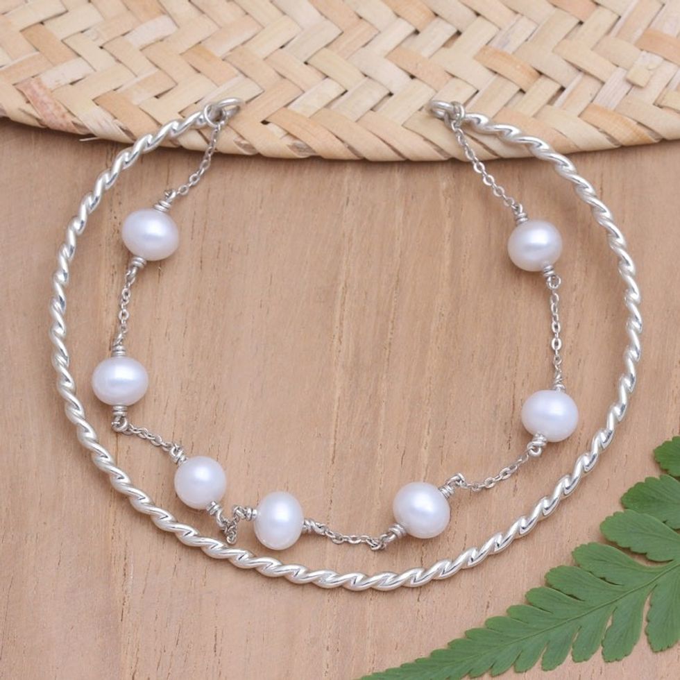 Hand Crafted Cultured Pearl Cuff Bracelet 'Unbroken Chain'