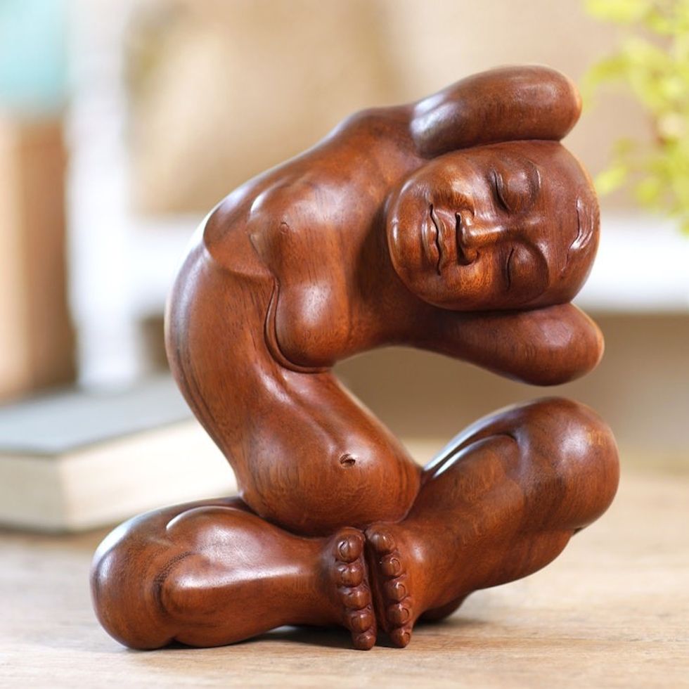 Handmade Suar Wood Monk Sculpture 'Limber Monk'