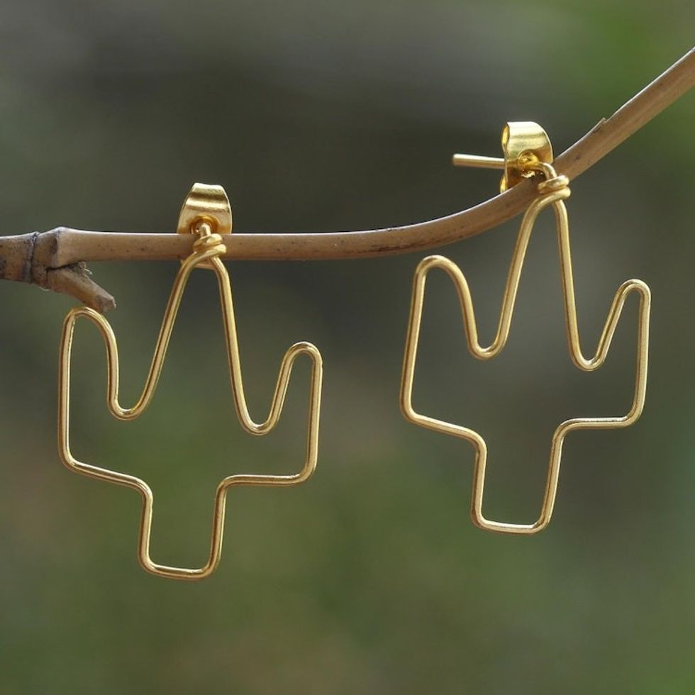 Gold-Plated Cactus Drop Earrings from Bali 'Cactus Party'