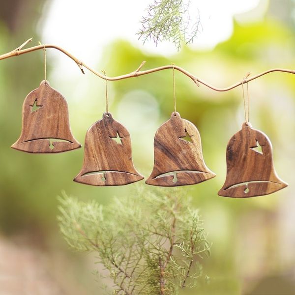 Alternate image for Handmade Wooden Bell Ornaments Set of 4 Merry Bells
