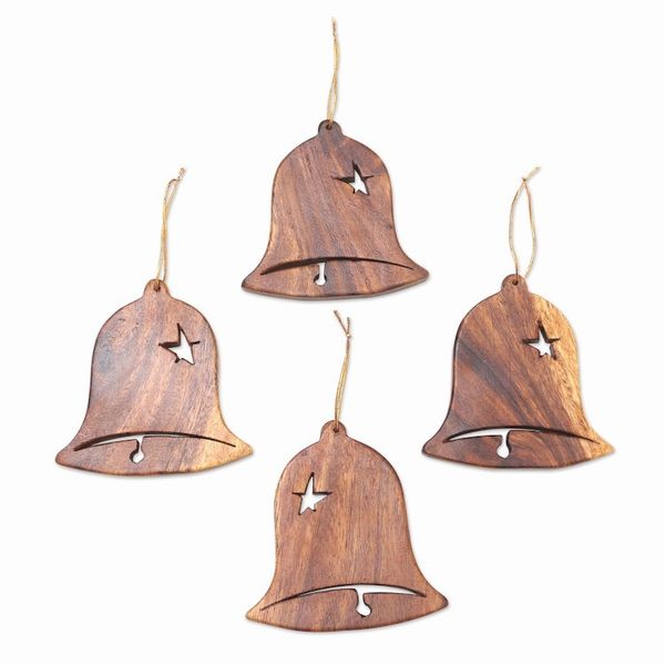 Alternate image for Handmade Wooden Bell Ornaments Set of 4 Merry Bells