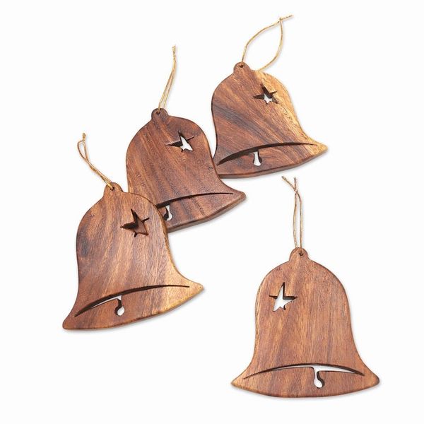 Alternate image for Handmade Wooden Bell Ornaments Set of 4 Merry Bells