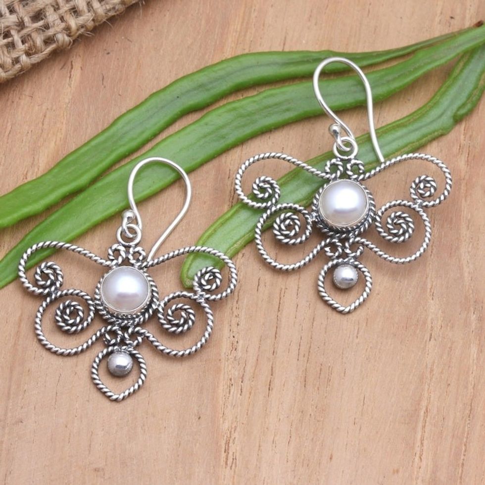 Cultured Pearl and Sterling Silver Dangle Earrings 'Butterfly Twist'