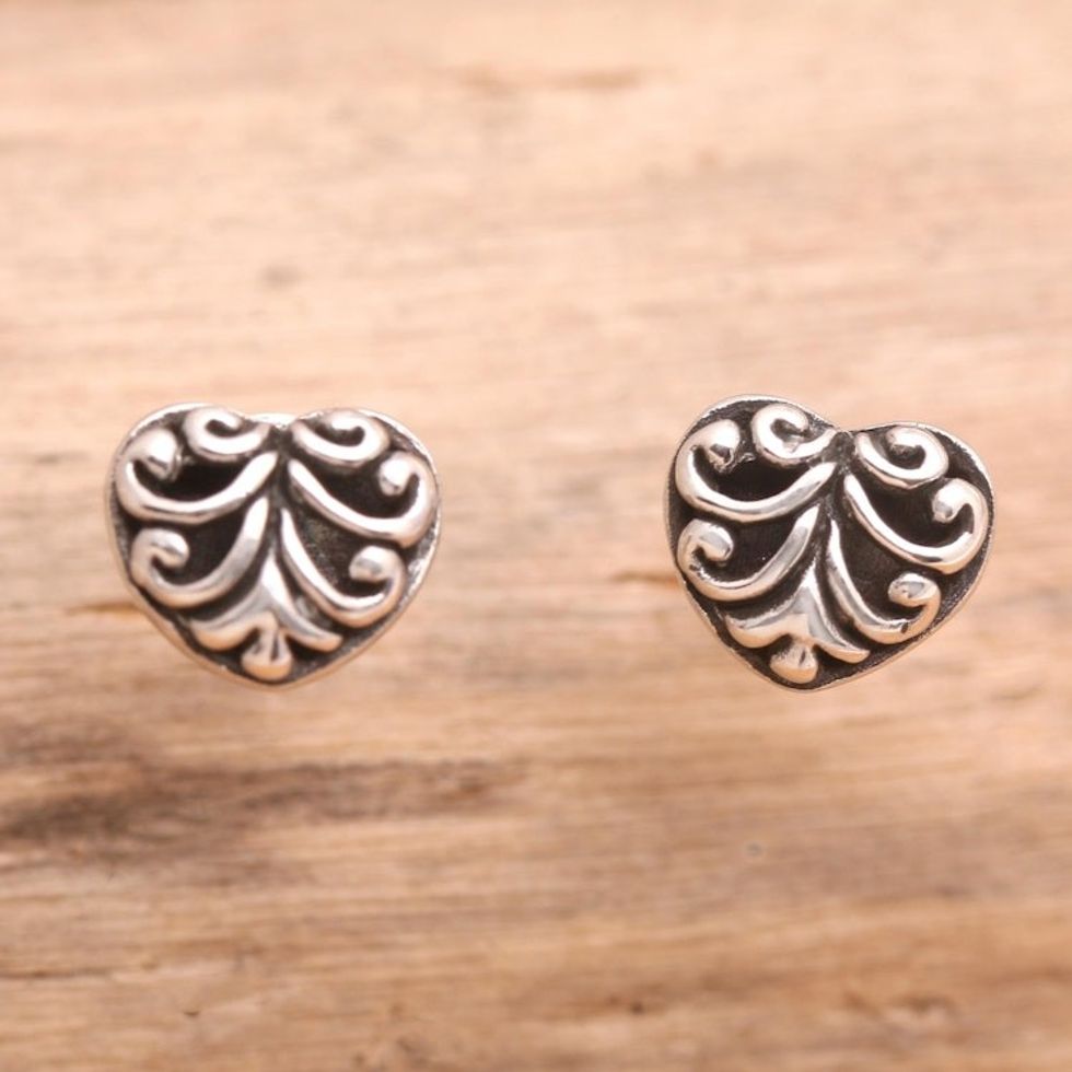 Sterling Silver Heart-Motif Stud Earrings 'Worthy of Love'