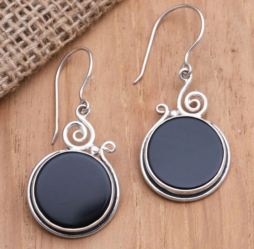 Artisan Crafted Sterling Silver and Onyx Dangle Earrings 'Perfect Life'