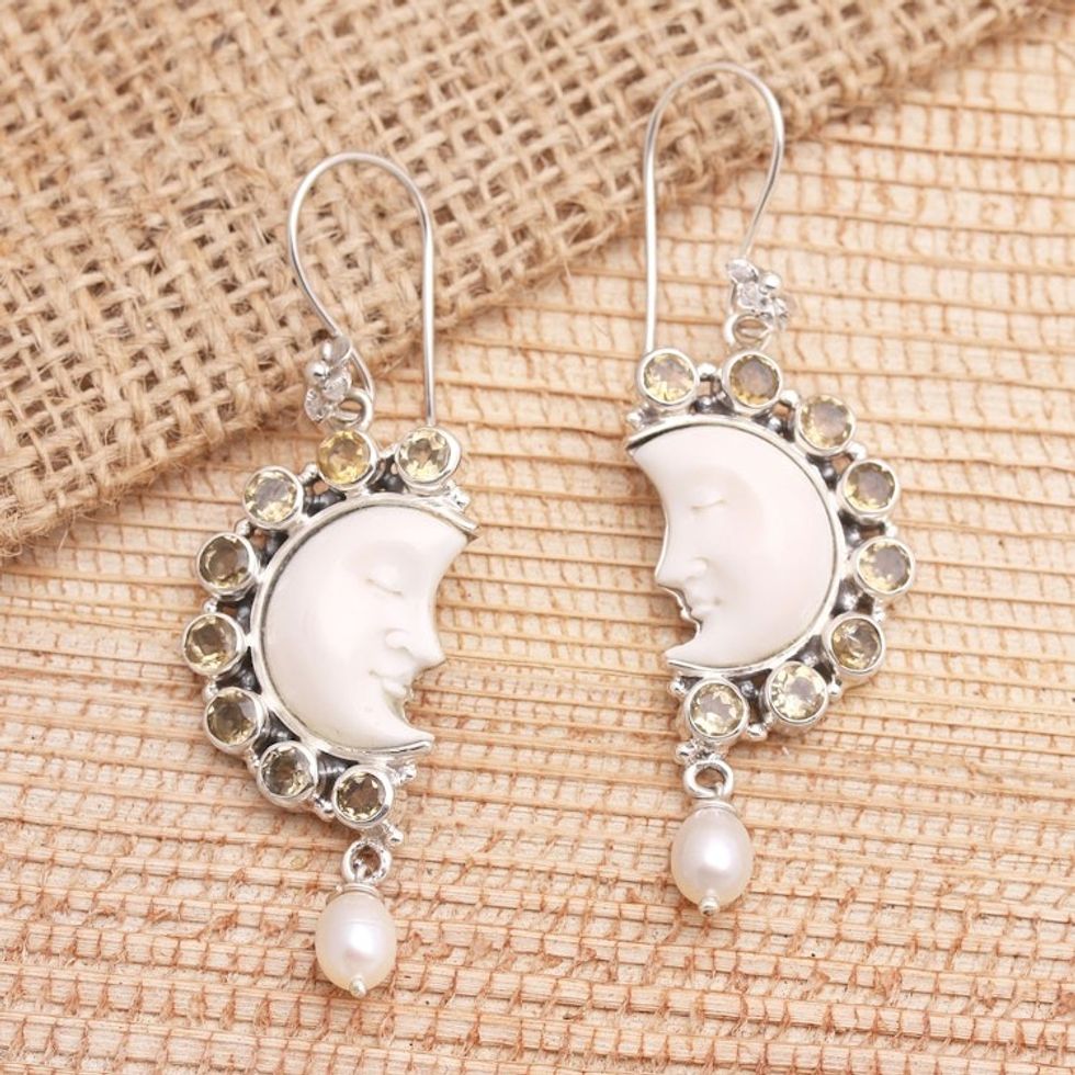 Citrine and Cultured Pearl Crescent Moon Dangle Earrings 'Goodnight Moon in Yellow'