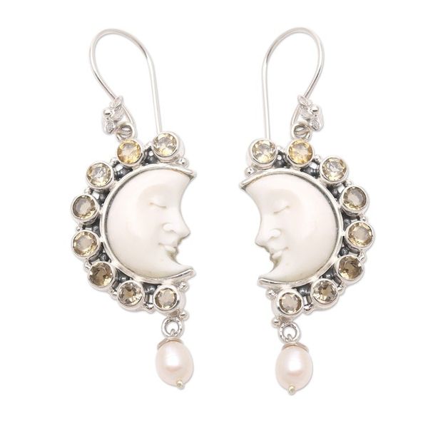 Alternate image for Citrine and Cultured Pearl Crescent Moon Dangle Earrings Goodnight Moon in Yellow