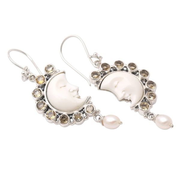 Alternate image for Citrine and Cultured Pearl Crescent Moon Dangle Earrings Goodnight Moon in Yellow